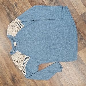 Dusty Blue Crochet Shoulder Top